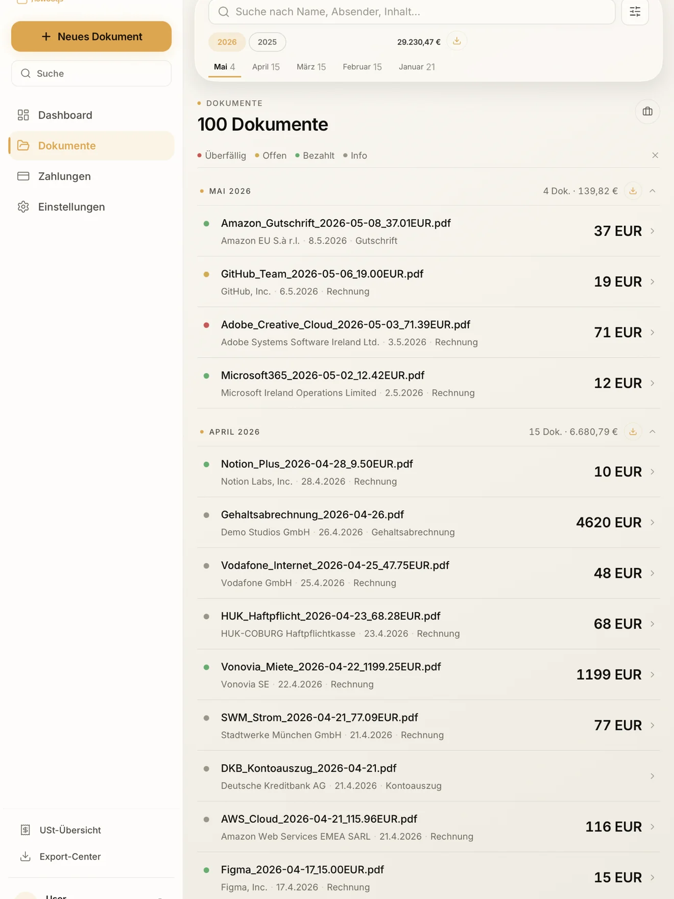 flowdoqs auf dem iPad: Sidebar-Layout mit 100 Dokumenten