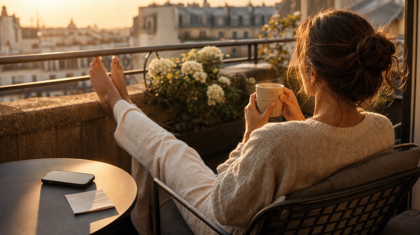 Eine Person genießt den Feierabend auf dem Balkon, das Handy liegt umgedreht auf dem Tisch